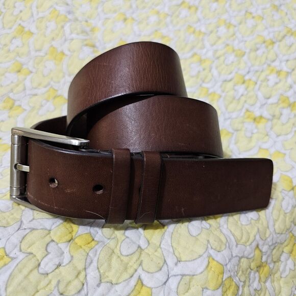 Mens Dark Brown Genuine Leather Belt Waist Size 36" - 40" Silver Tone Buckle - Picture 1 of 8